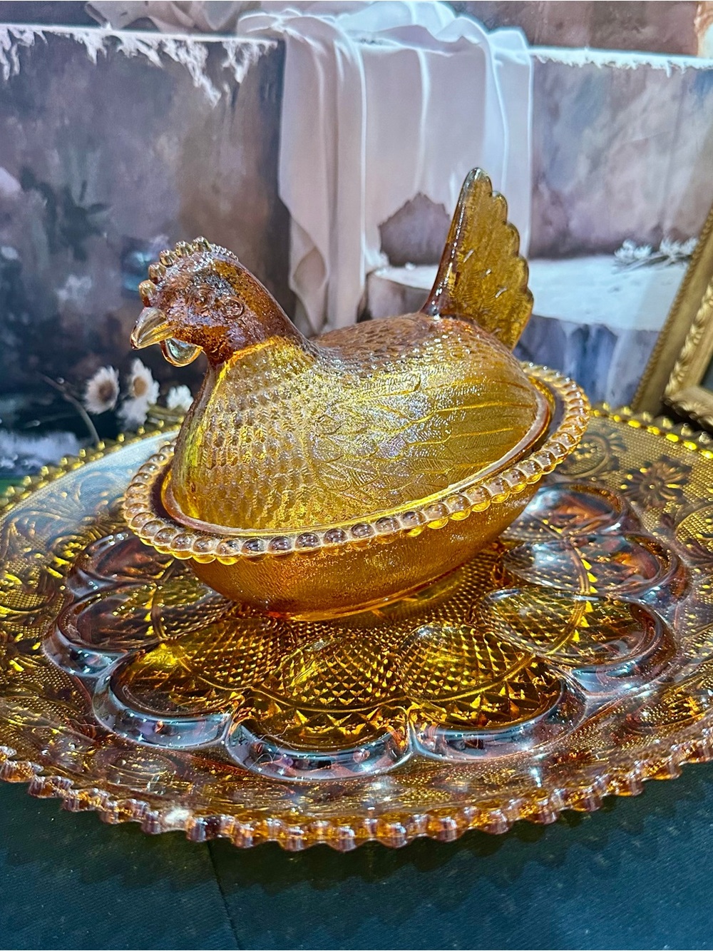 Amber Indiana Glass Hen On Nest w/ Amber glass Tiara pattern deviled egg  plate